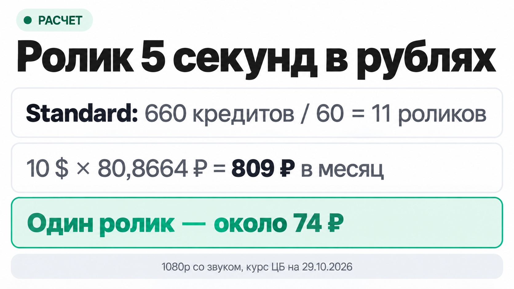 Сколько стоит 5-секундный ролик Kling AI в рублях по курсу ЦБ на 29 октября 2026 года