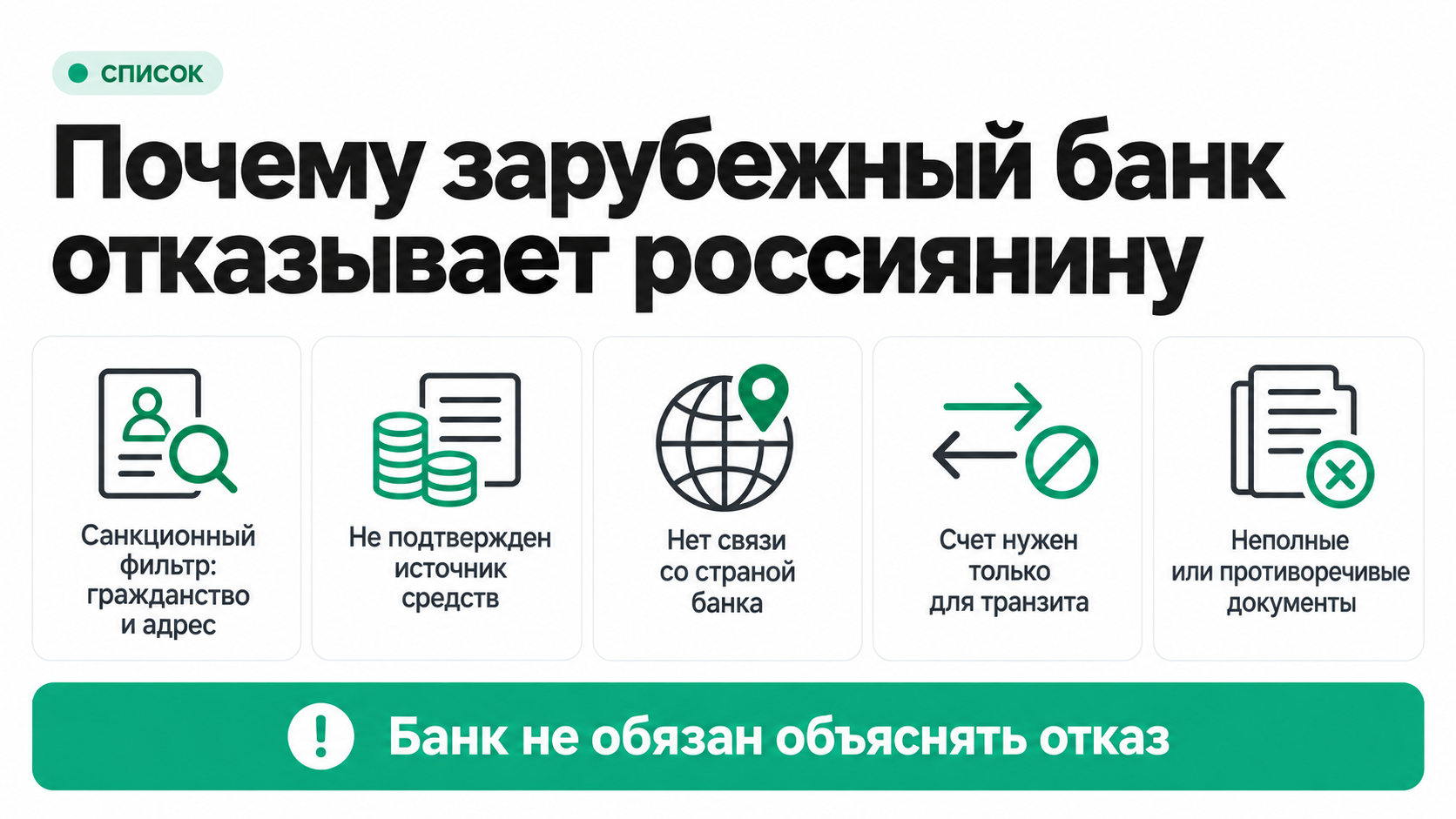 Пять причин, по которым зарубежный банк отказывает россиянину в счете