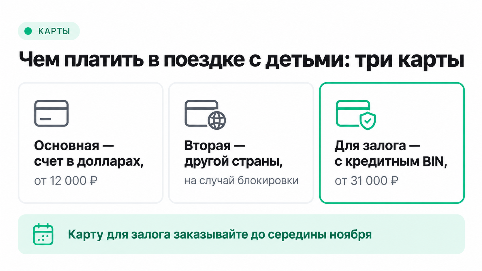 Чем платить в поездке с детьми: основная карта в долларах, вторая карта и карта с кредитным BIN для залога