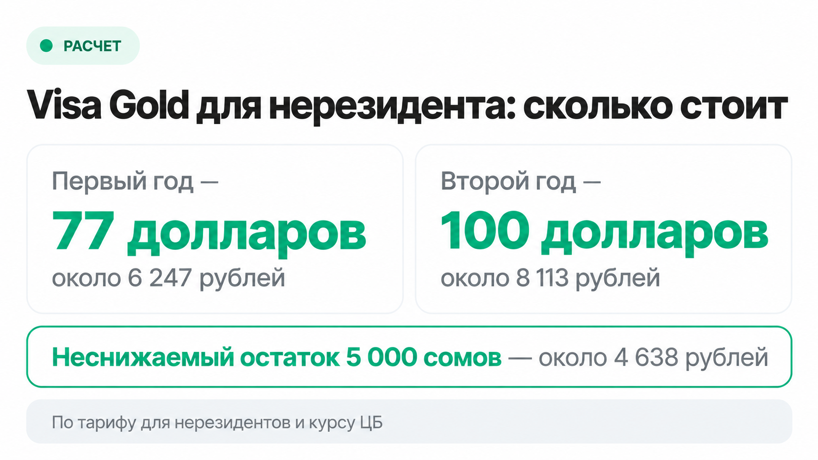 Сколько стоит счет с картой Visa Gold в банке Киргизии для нерезидента в первый и второй год